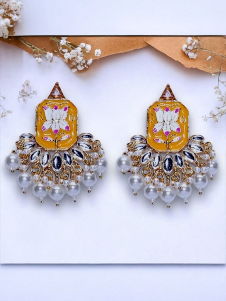 Tarini Meenakari Pearl Chandbalis - Yellow