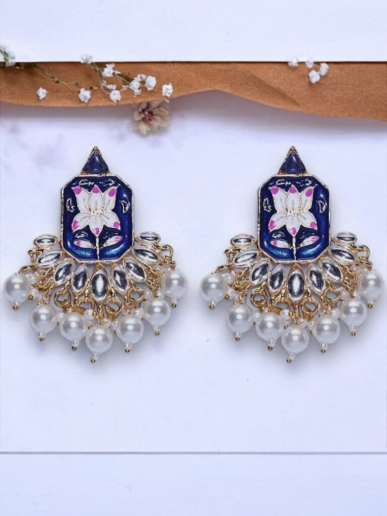 Tarini Meenakari Pearl Chandbalis – Navy Blue